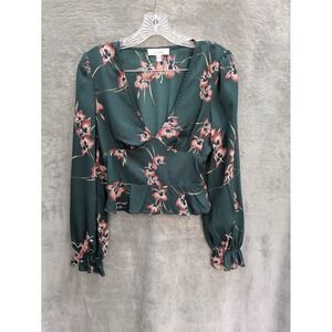 Louna Women's Crop Top XS Green Floral Long Sleeve Smocked Boho Festival